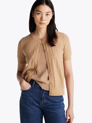 beige kurzarm-cardigan mit hohem wollanteil für damen - tommy hilfiger