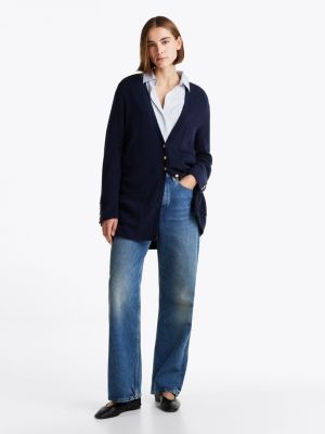 cardigan décontracté long en laine mélangée bleu pour femmes tommy hilfiger