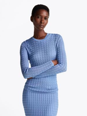 blue kabelgebreide slim fit trui voor dames - tommy hilfiger