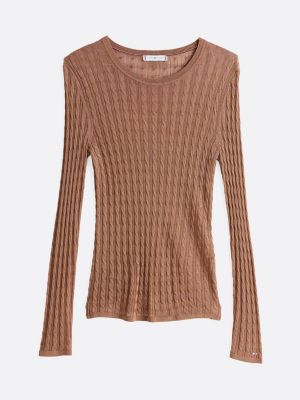 pull ajusté en maille torsadée marron pour femmes tommy hilfiger