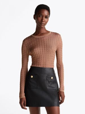 brown slim fit pullover mit zopfmuster für damen - tommy hilfiger