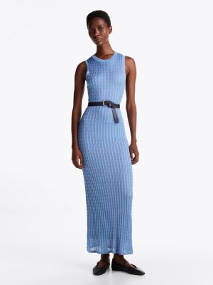 blue kabelgebreide slim fit maxi-jurk voor dames - tommy hilfiger