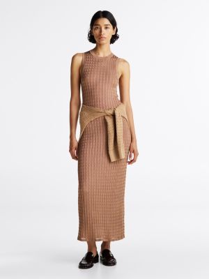 vestido largo de corte slim y punto trenzado brown de mujeres tommy hilfiger