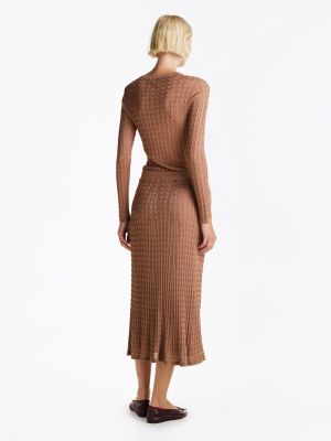 falda midi de corte evasé y punto trenzado marrón de mujeres tommy hilfiger