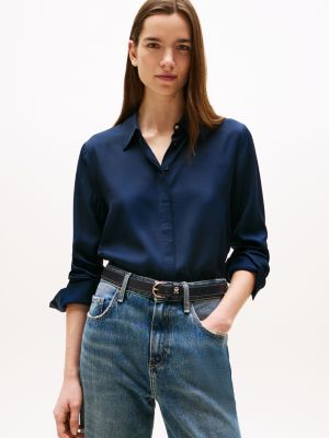 blue relaxed fit hemd mit goldknopf für damen - tommy hilfiger