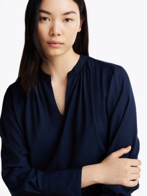 blouse décontractée col en v ruché bleu pour femmes tommy hilfiger