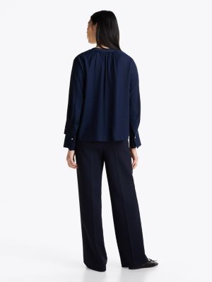 blouse décontractée col en v ruché bleu pour femmes tommy hilfiger