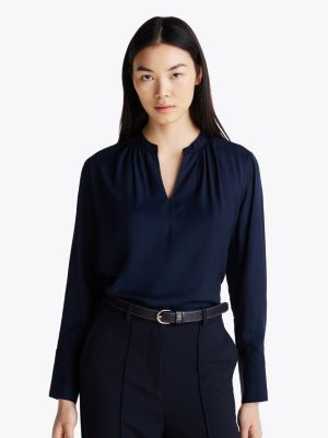 blue ruched v-neck relaxed blouse for women tommy hilfiger