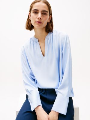 blouse décontractée col en v ruché bleu pour femmes tommy hilfiger