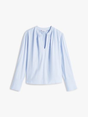 blau relaxed fit bluse mit v-ausschnitt und raffung für damen - tommy hilfiger