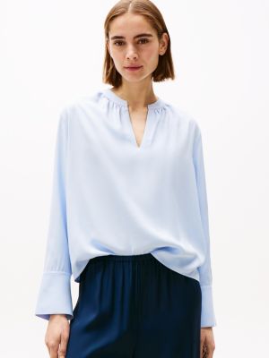 blue ruched v-neck relaxed blouse for women tommy hilfiger