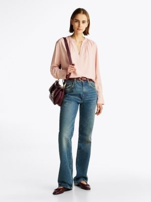 pink ruched v-neck relaxed blouse for women tommy hilfiger