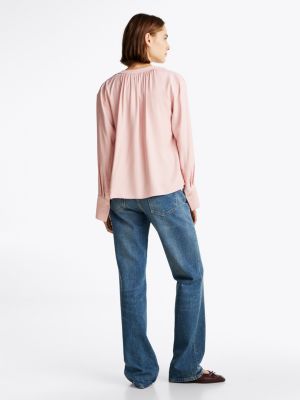 roze relaxed fit blouse met geplooide v-hals voor dames - tommy hilfiger