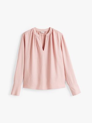 roze relaxed fit blouse met geplooide v-hals voor dames - tommy hilfiger