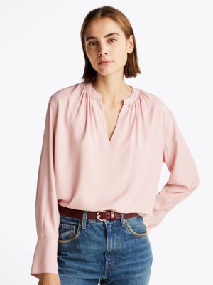 pink gathered v-neck relaxed blouse for women tommy hilfiger