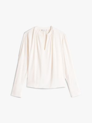 wit relaxed fit gesmokte blouse met v-hals voor dames - tommy hilfiger