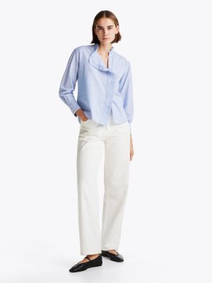 blue ruffle neck stripe relaxed shirt for women tommy hilfiger