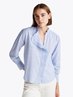 blue ruffle neck stripe relaxed shirt for women tommy hilfiger