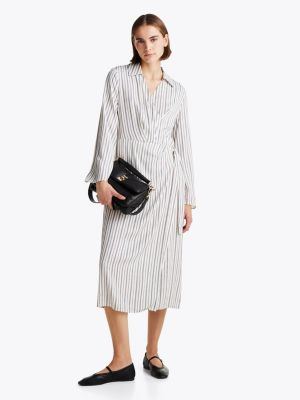 beige collar v-neck midi wrap dress for women tommy hilfiger