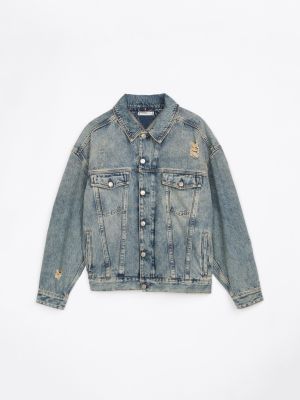 blue adaptive distressed oversized denim trucker jacket for women tommy hilfiger