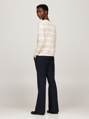 pull en pure laine à col ras-du-cou beige pour femmes tommy hilfiger