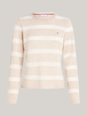 beige pure wool crew neck jumper for women tommy hilfiger