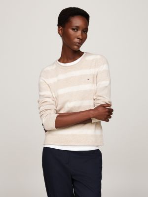 beige pure wool crew neck jumper for women tommy hilfiger