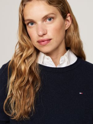 blue pure wool crew neck jumper for women tommy hilfiger