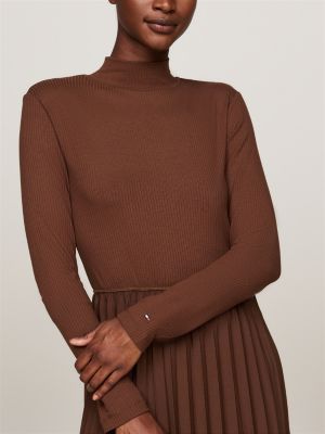 brown mock turtleneck pleated midi dress for women tommy hilfiger