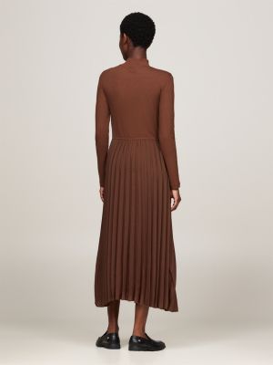 braun midi-kleid mit mock neck und faltenrock für damen - tommy hilfiger