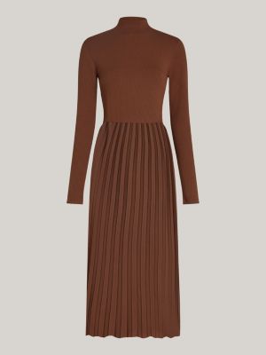 braun midi-kleid mit mock neck und faltenrock für damen - tommy hilfiger