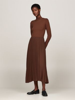 brown midi-kleid mit mock neck und faltenrock für damen - tommy hilfiger