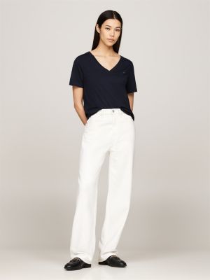 t-shirt col en v et drapeau brodé bleu pour femmes tommy hilfiger