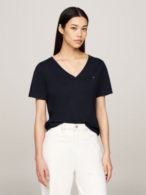 t-shirt col en v et drapeau brodé bleu pour femmes tommy hilfiger