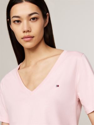 camiseta de cuello de pico con logo bordado rosa de mujeres tommy hilfiger