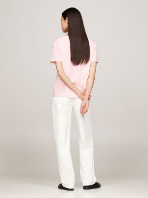 rosa t-shirt mit v-ausschnitt und flag-stickerei für damen - tommy hilfiger