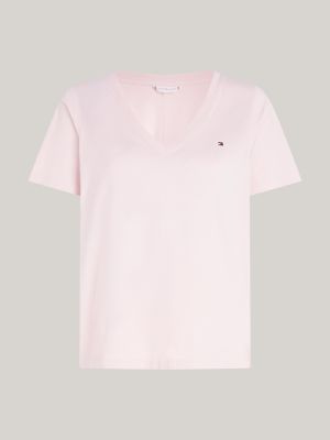 camiseta de cuello de pico con logo bordado rosa de mujeres tommy hilfiger