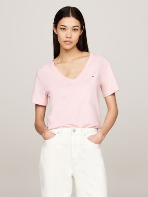 camiseta de cuello de pico con logo bordado pink de mujeres tommy hilfiger