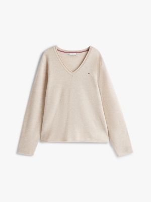 beige curve pure wool v-neck jumper for women tommy hilfiger