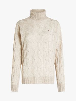 beige curve cable knit roll neck jumper for women tommy hilfiger