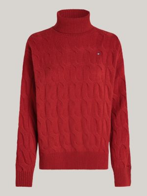 red curve cable knit roll neck jumper for women tommy hilfiger