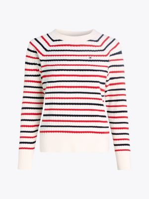 pull curve en maille torsadée à manches raglan rouge pour femmes tommy hilfiger