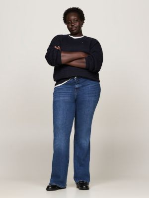 pull curve en maille torsadée à manches raglan bleu pour femmes tommy hilfiger