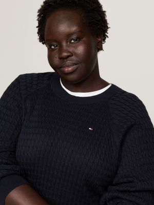 pull curve en maille torsadée à manches raglan bleu pour femmes tommy hilfiger