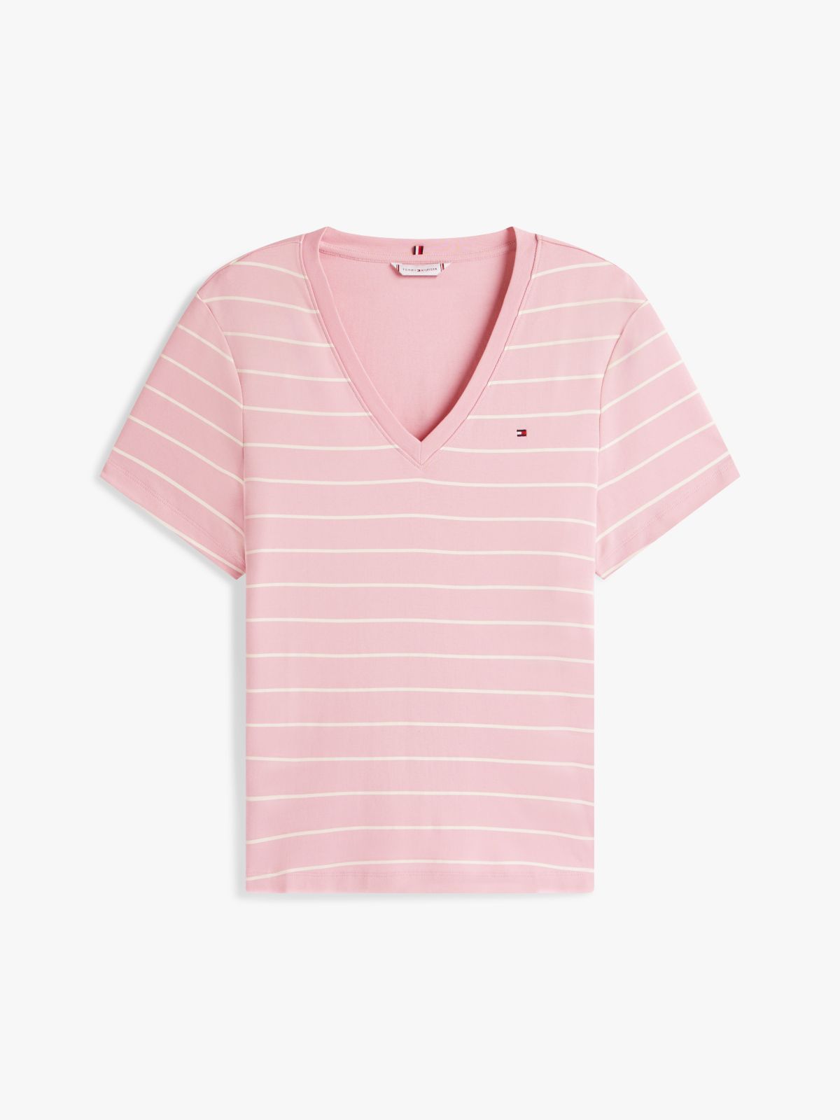 Curve Flag Embroidery V-Neck Slim T-Shirt — Pink