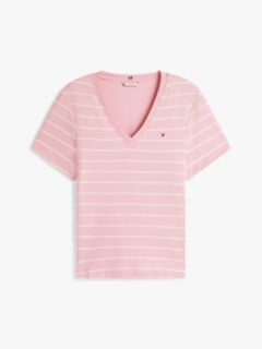 Curve Flag Embroidery V-Neck Slim T-Shirt — Pink 5
