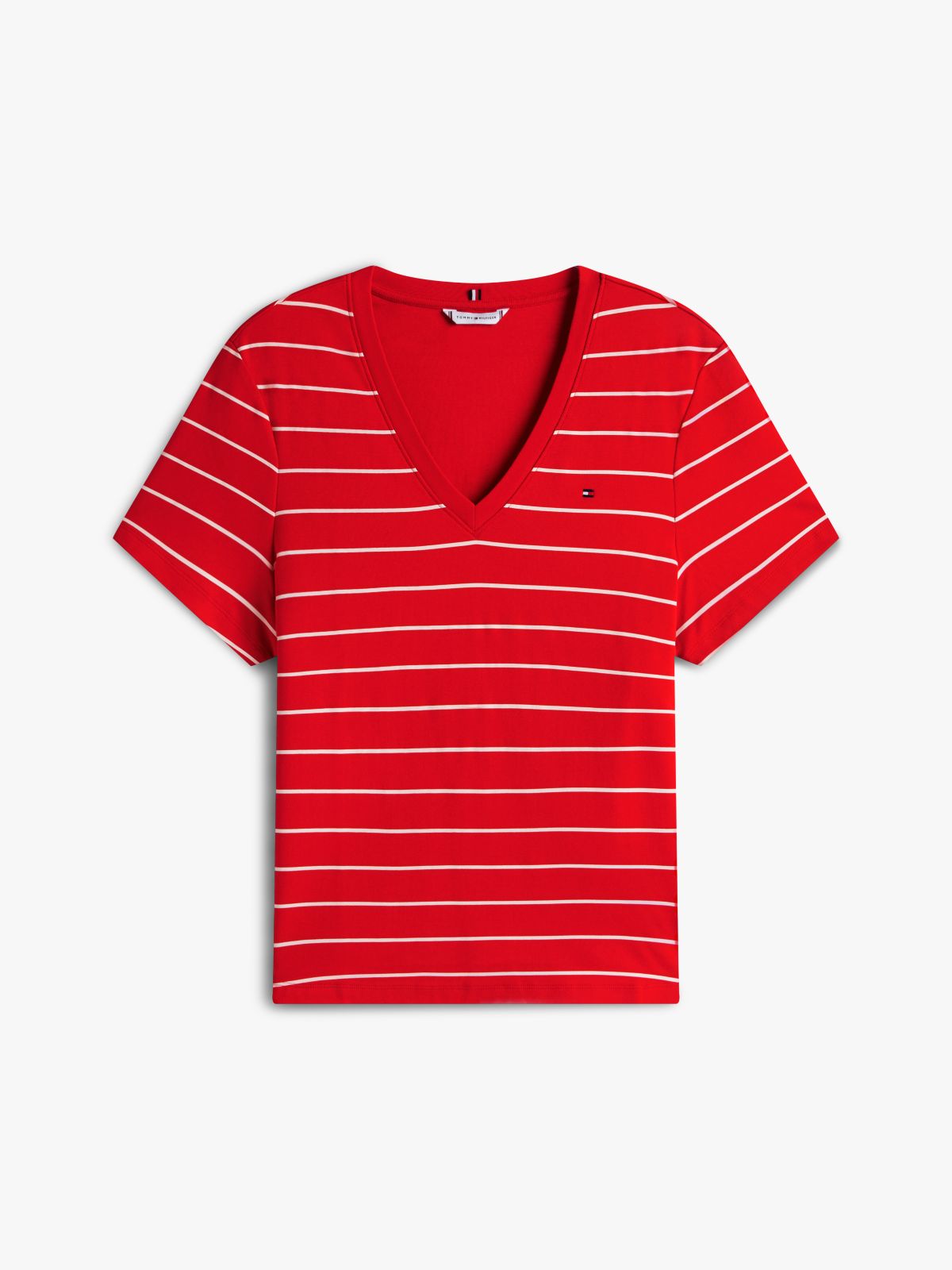 Curve Flag Embroidery V-Neck Slim T-Shirt — Red