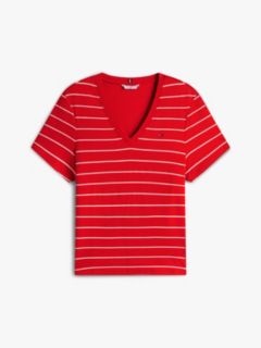Curve Flag Embroidery V-Neck Slim T-Shirt — Red 5