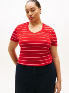 Curve Flag Embroidery V-Neck Slim T-Shirt — Red 1