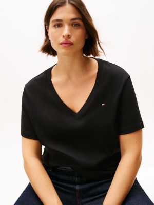 schwarz curve slim fit t-shirt mit v-ausschnitt für damen - tommy hilfiger